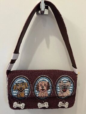 Embroidered Beaded Dog Motif Shoulder Bag